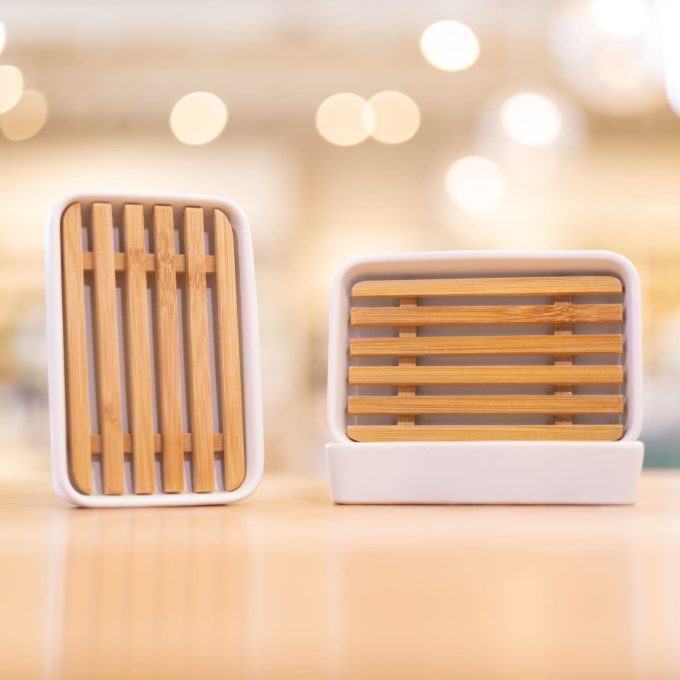 White Porcelain and Bamboo Soap Dish